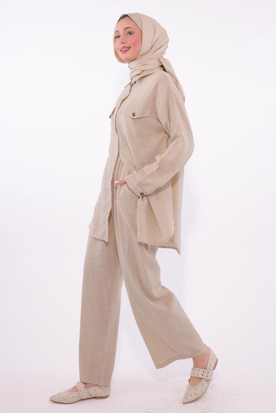 Tesettür giyim BEJ PANTOLONLU MÜSLİN TAKIM T 1974