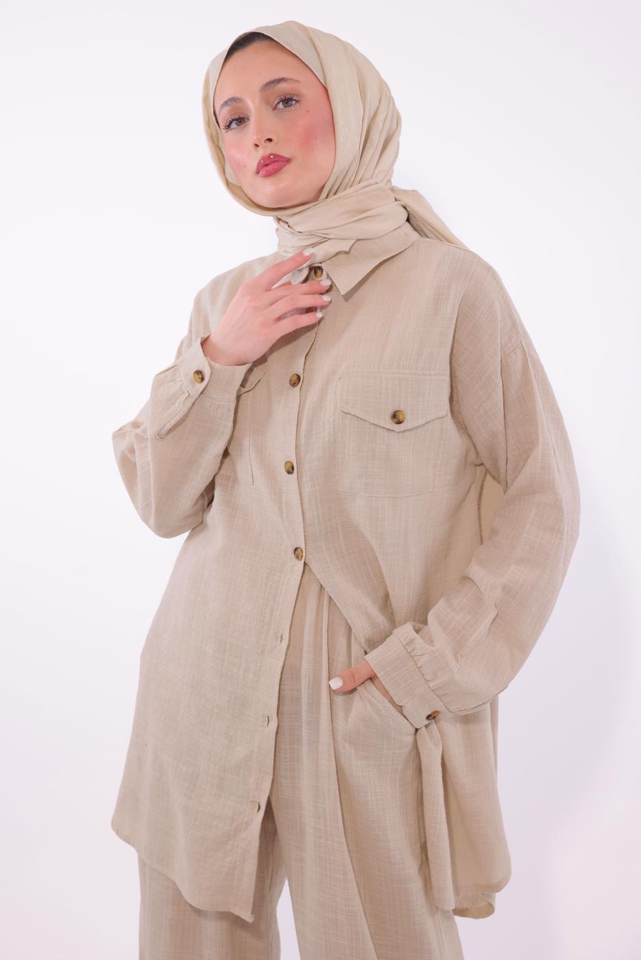 Tesettür giyim BEJ PANTOLONLU MÜSLİN TAKIM T 1974