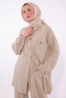 Tesettür giyim BEJ PANTOLONLU MÜSLİN TAKIM T 1974