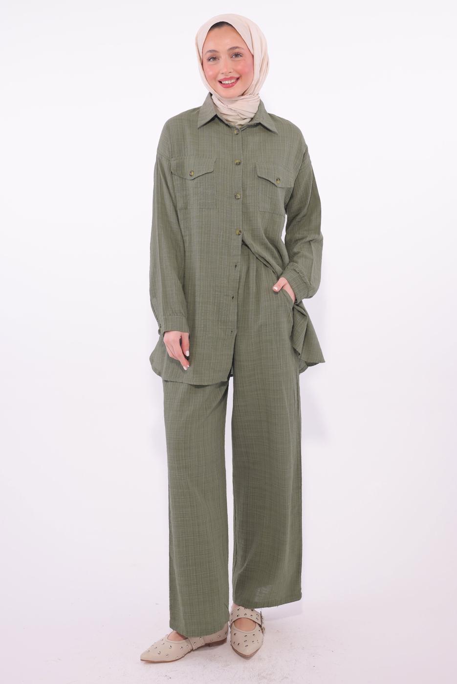 Tesettür giyim HAKİ PANTOLONLU MÜSLİN TAKIM T 1974