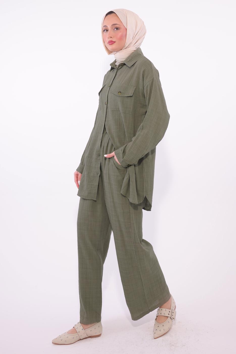 Tesettür giyim HAKİ PANTOLONLU MÜSLİN TAKIM T 1974