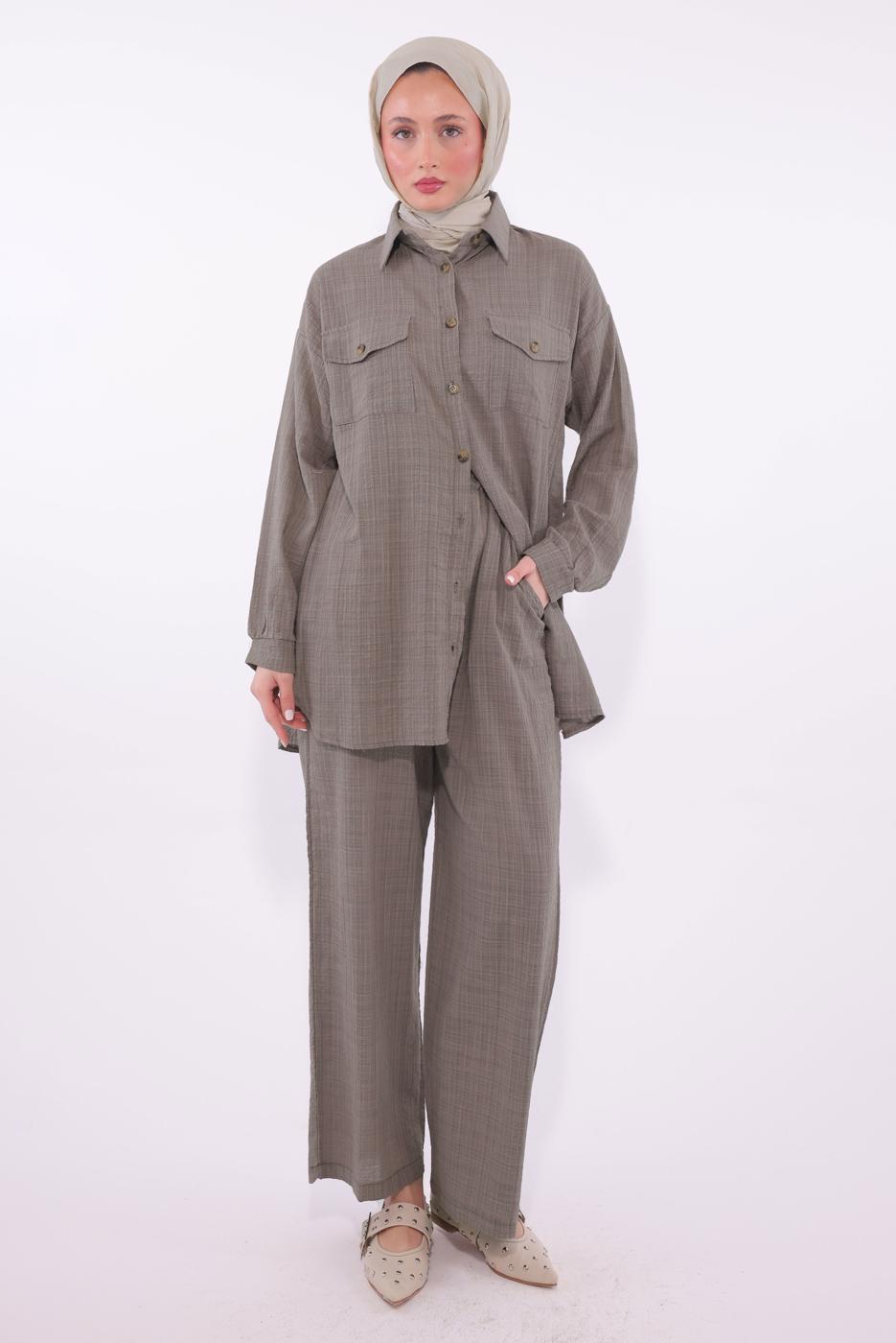 Tesettür giyim VİZON PANTOLONLU MÜSLİN TAKIM T 1974