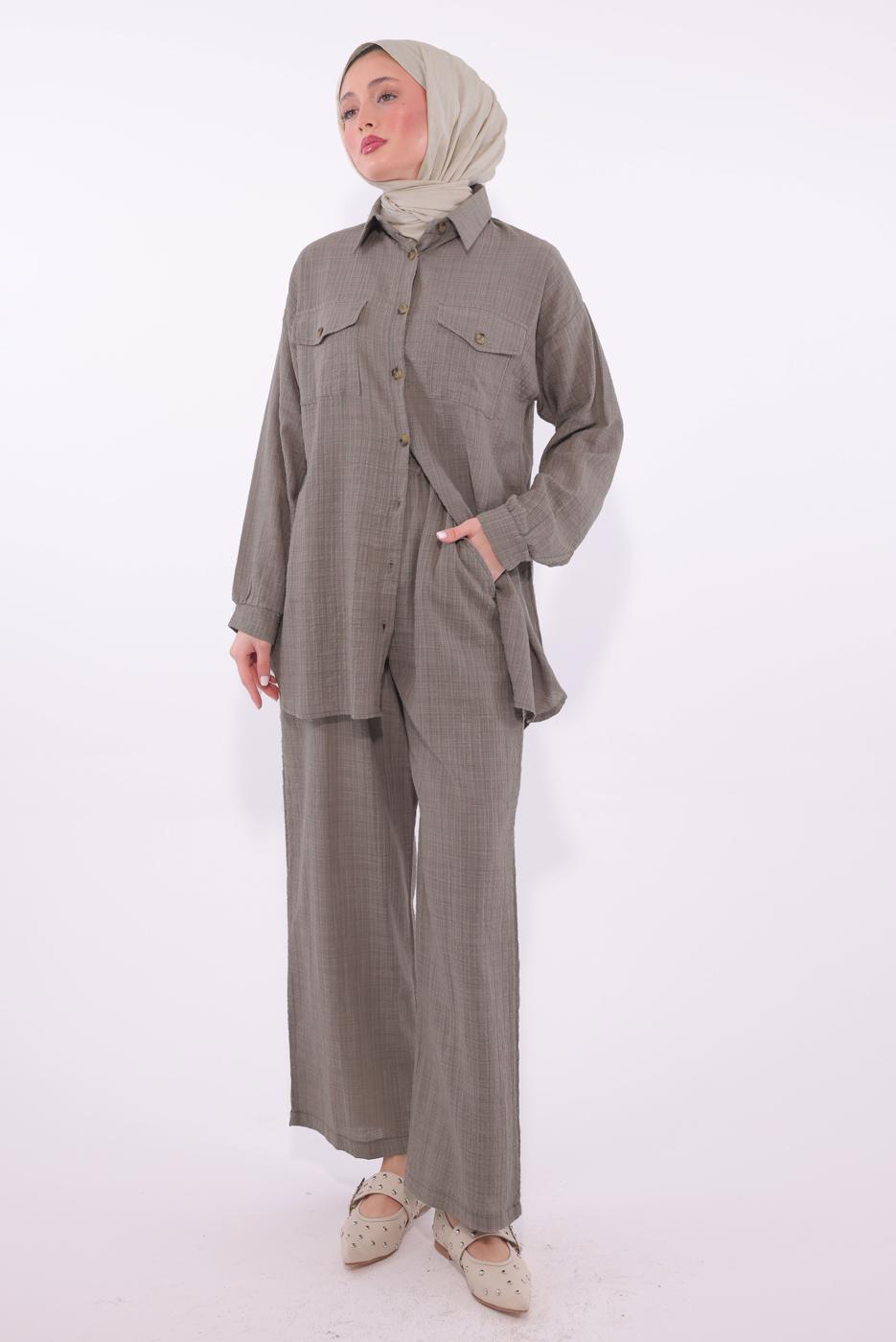Tesettür giyim VİZON PANTOLONLU MÜSLİN TAKIM T 1974