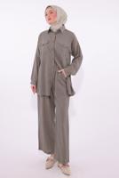 Tesettür giyim VİZON PANTOLONLU MÜSLİN TAKIM T 1974