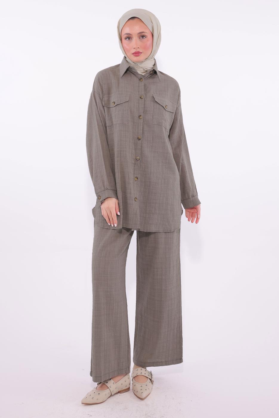 Tesettür giyim VİZON PANTOLONLU MÜSLİN TAKIM T 1974