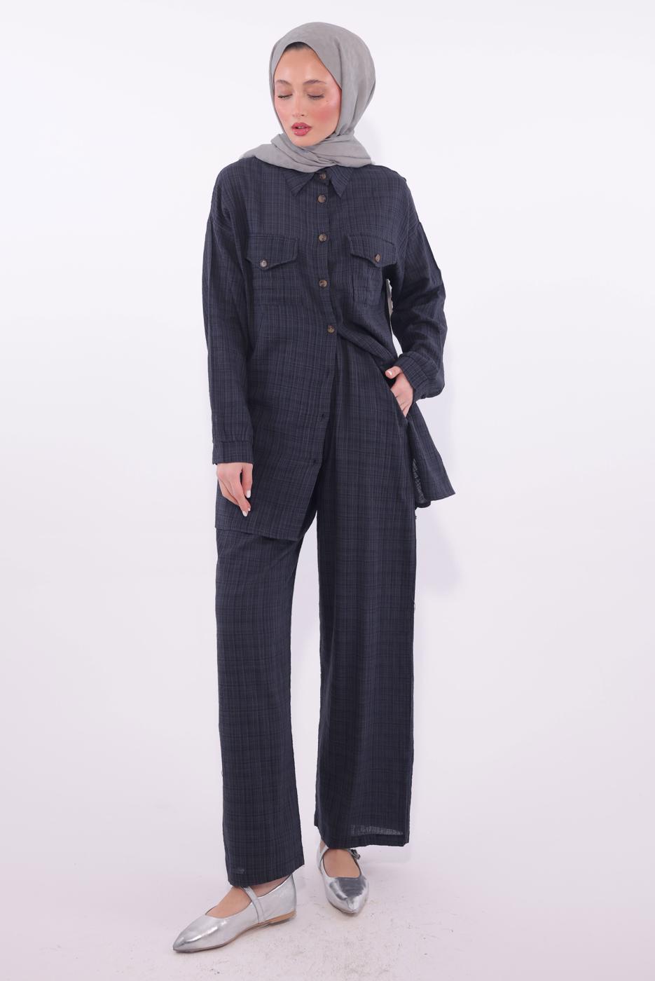 Tesettür giyim GRİ PANTOLONLU MÜSLİN TAKIM T 1974