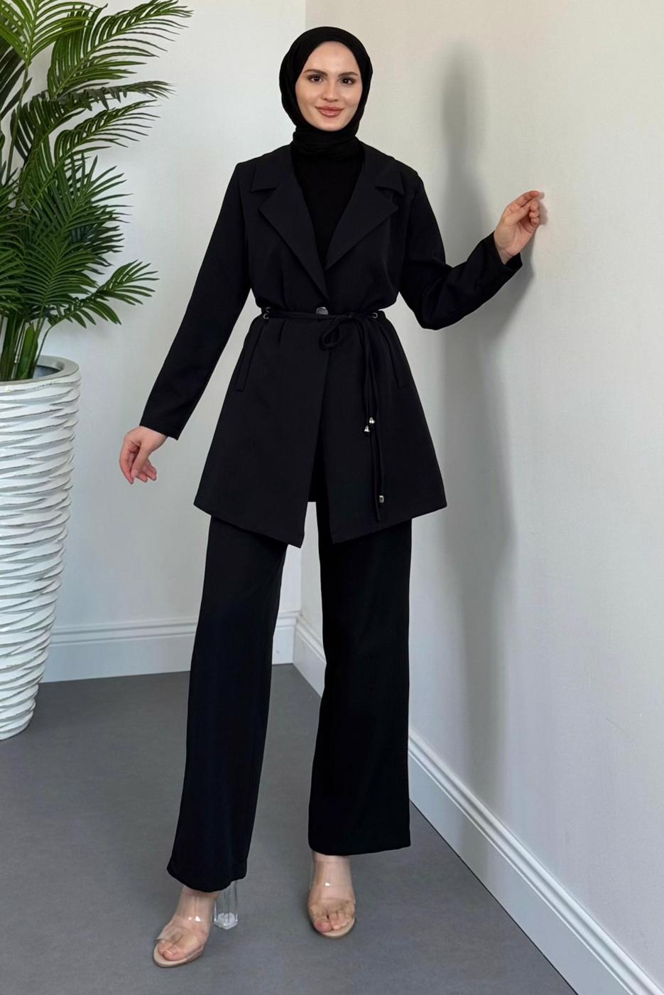 Tesettür giyim SİYAH BAĞCIK DETAYLI PANTOLONLU TAKIM T 2226