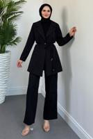 Tesettür giyim SİYAH BAĞCIK DETAYLI PANTOLONLU TAKIM T 2226