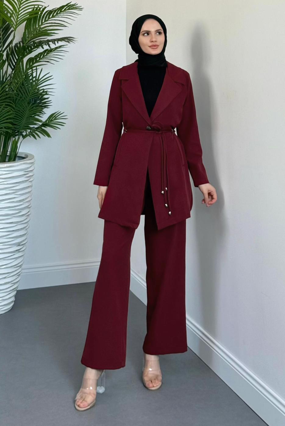 Tesettür giyim BORDO BAĞCIK DETAYLI PANTOLONLU TAKIM T 2226