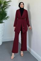 Tesettür giyim BORDO BAĞCIK DETAYLI PANTOLONLU TAKIM T 2226