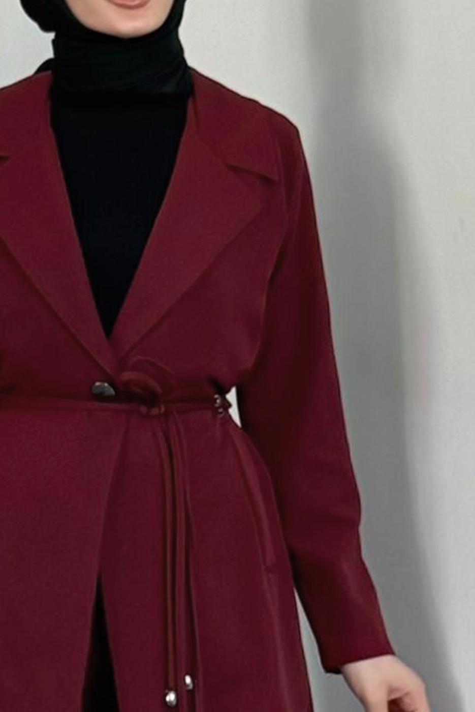 Tesettür giyim BORDO BAĞCIK DETAYLI PANTOLONLU TAKIM T 2226