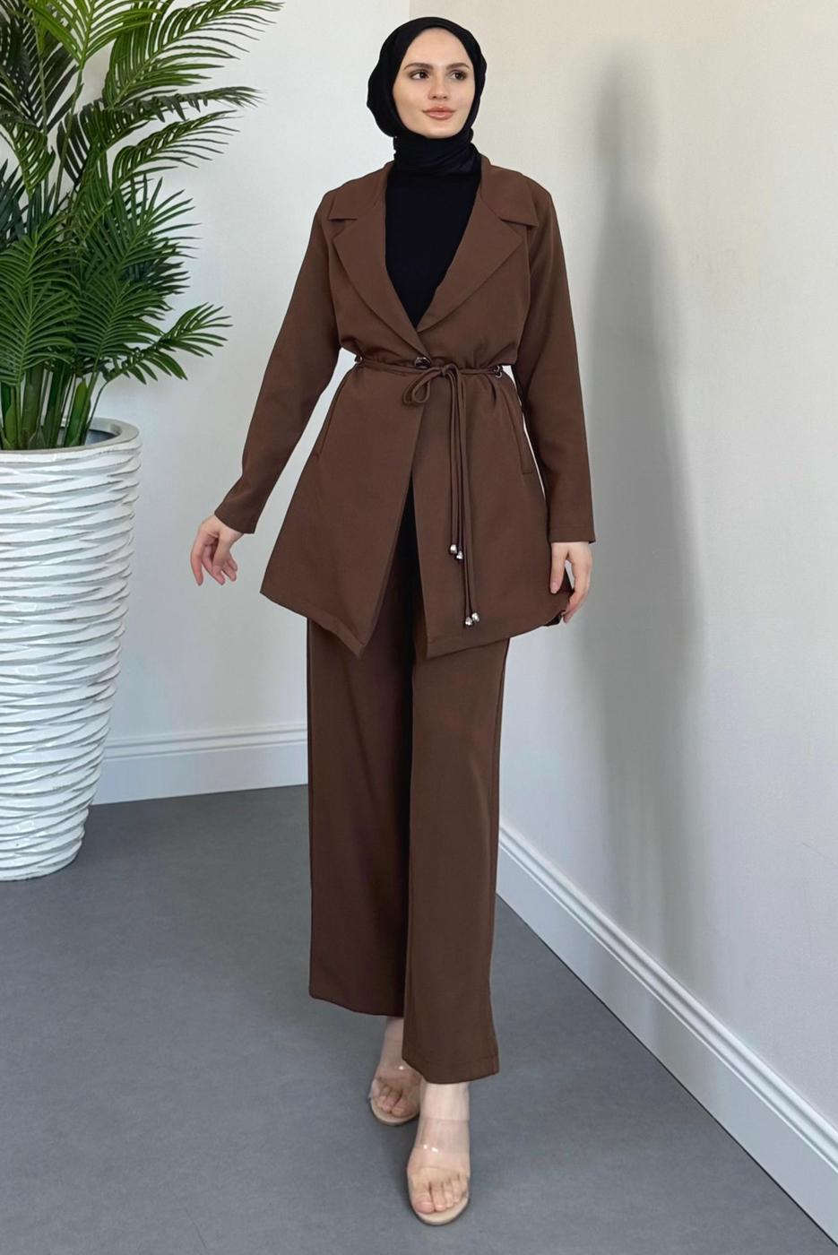 Tesettür giyim KAHVE BAĞCIK DETAYLI PANTOLONLU TAKIM T 2226