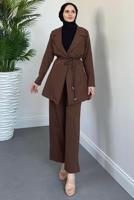 Tesettür giyim KAHVE BAĞCIK DETAYLI PANTOLONLU TAKIM T 2226