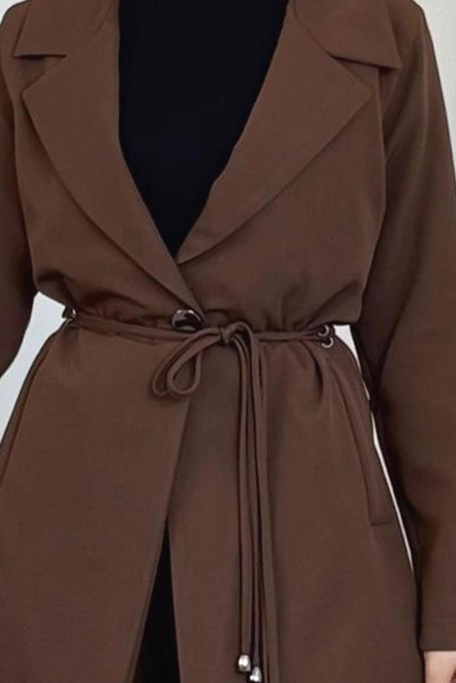 Tesettür giyim KAHVE BAĞCIK DETAYLI PANTOLONLU TAKIM T 2226