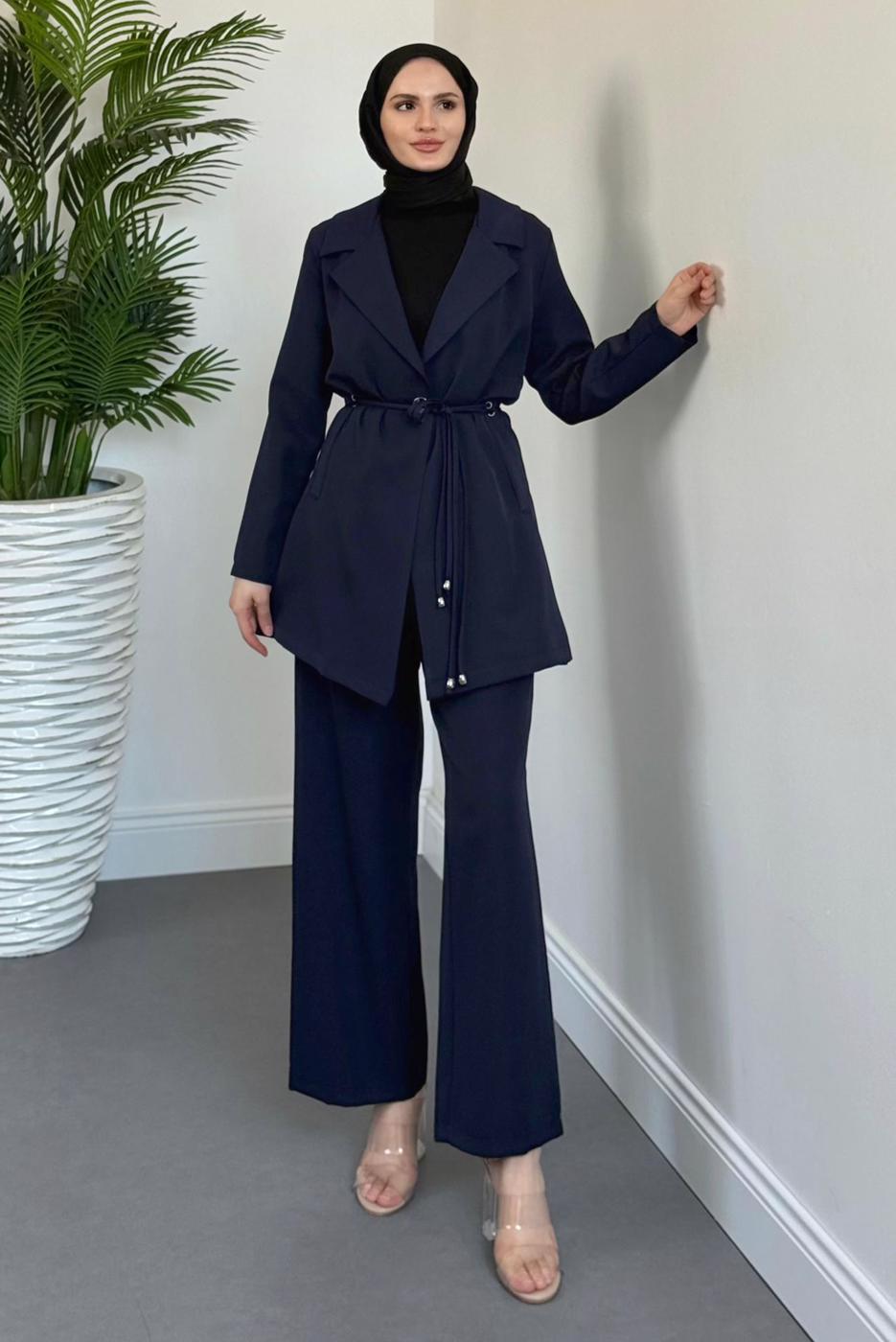 Tesettür giyim LACİVERT BAĞCIK DETAYLI PANTOLONLU TAKIM T 2226
