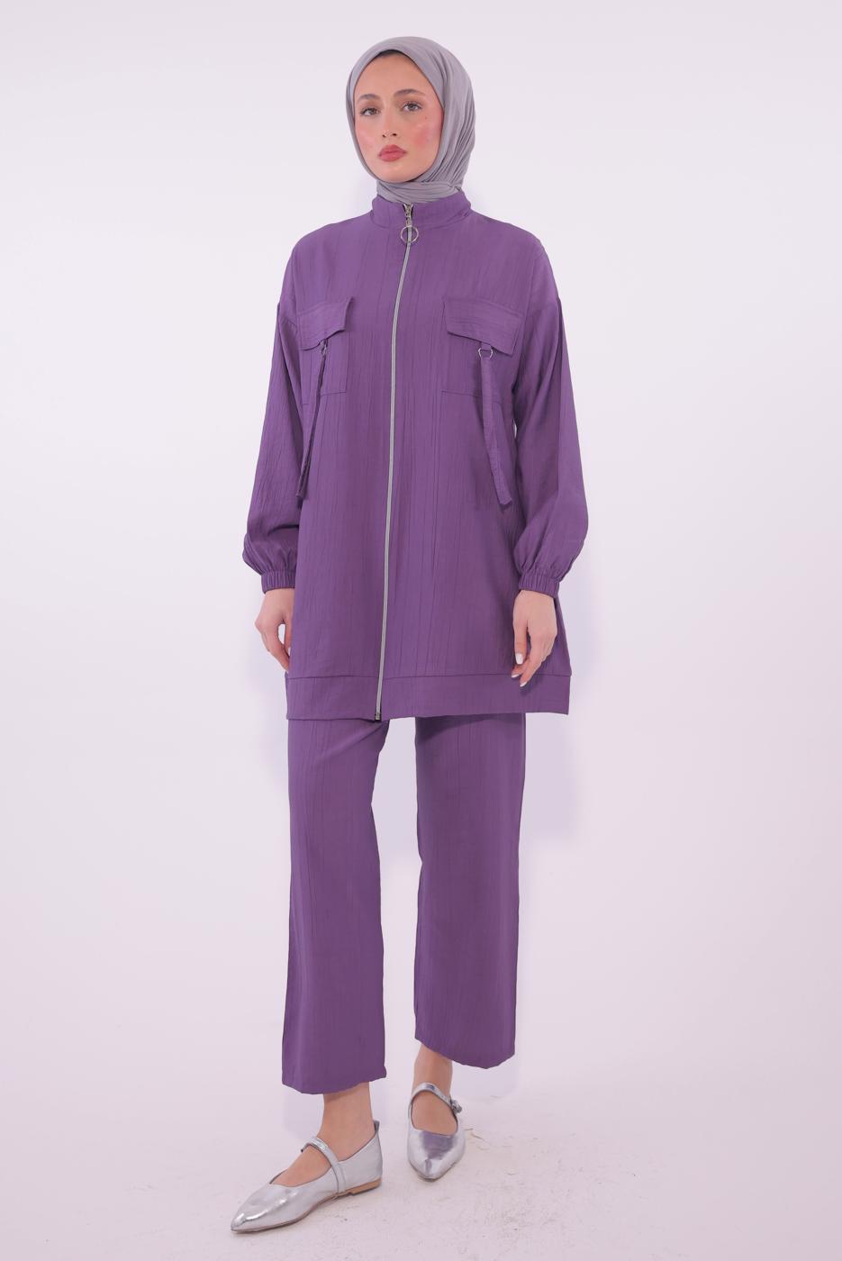 Tesettür giyim MOR FERMUARLI PANTOLONLU TAKIM T 2374