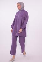 Tesettür giyim MOR FERMUARLI PANTOLONLU TAKIM T 2374