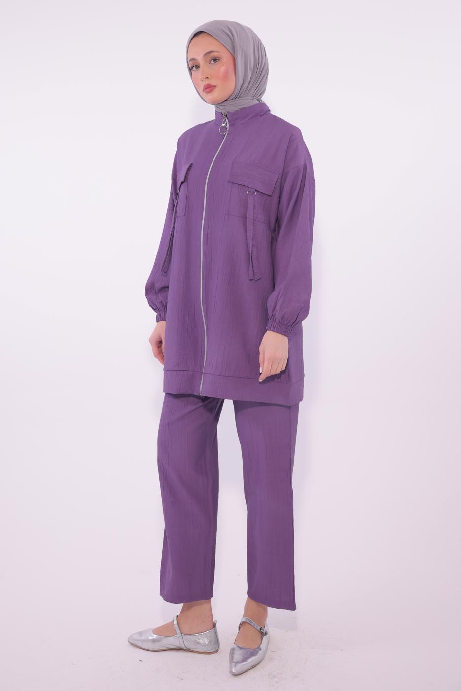 Tesettür giyim MOR FERMUARLI PANTOLONLU TAKIM T 2374