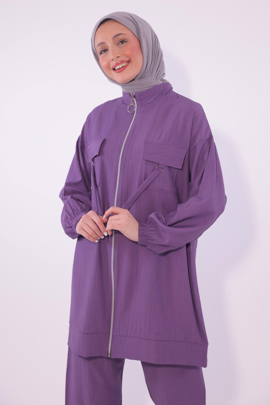 Tesettür giyim MOR FERMUARLI PANTOLONLU TAKIM T 2374