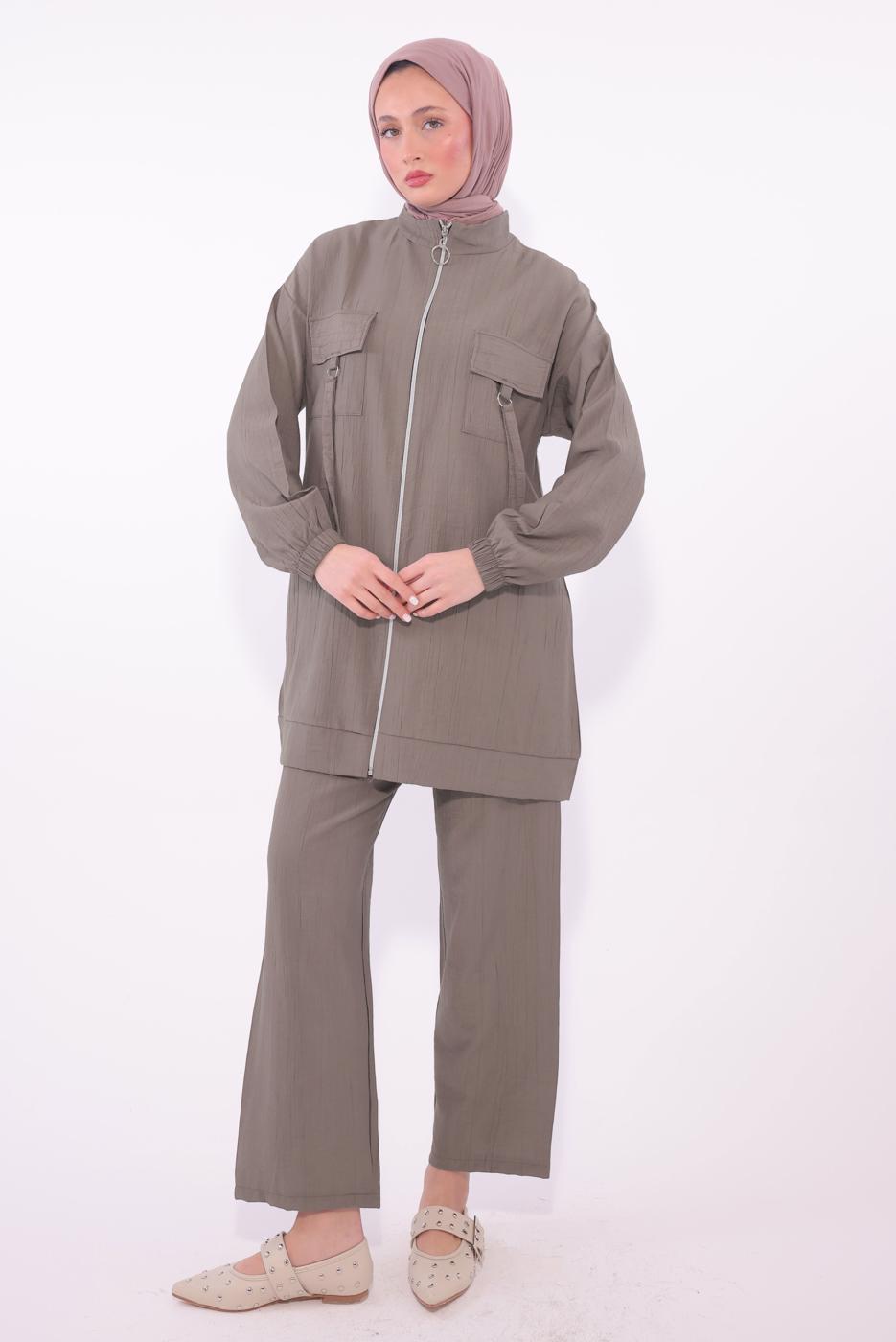 Tesettür giyim VİZON FERMUARLI PANTOLONLU TAKIM T 2374