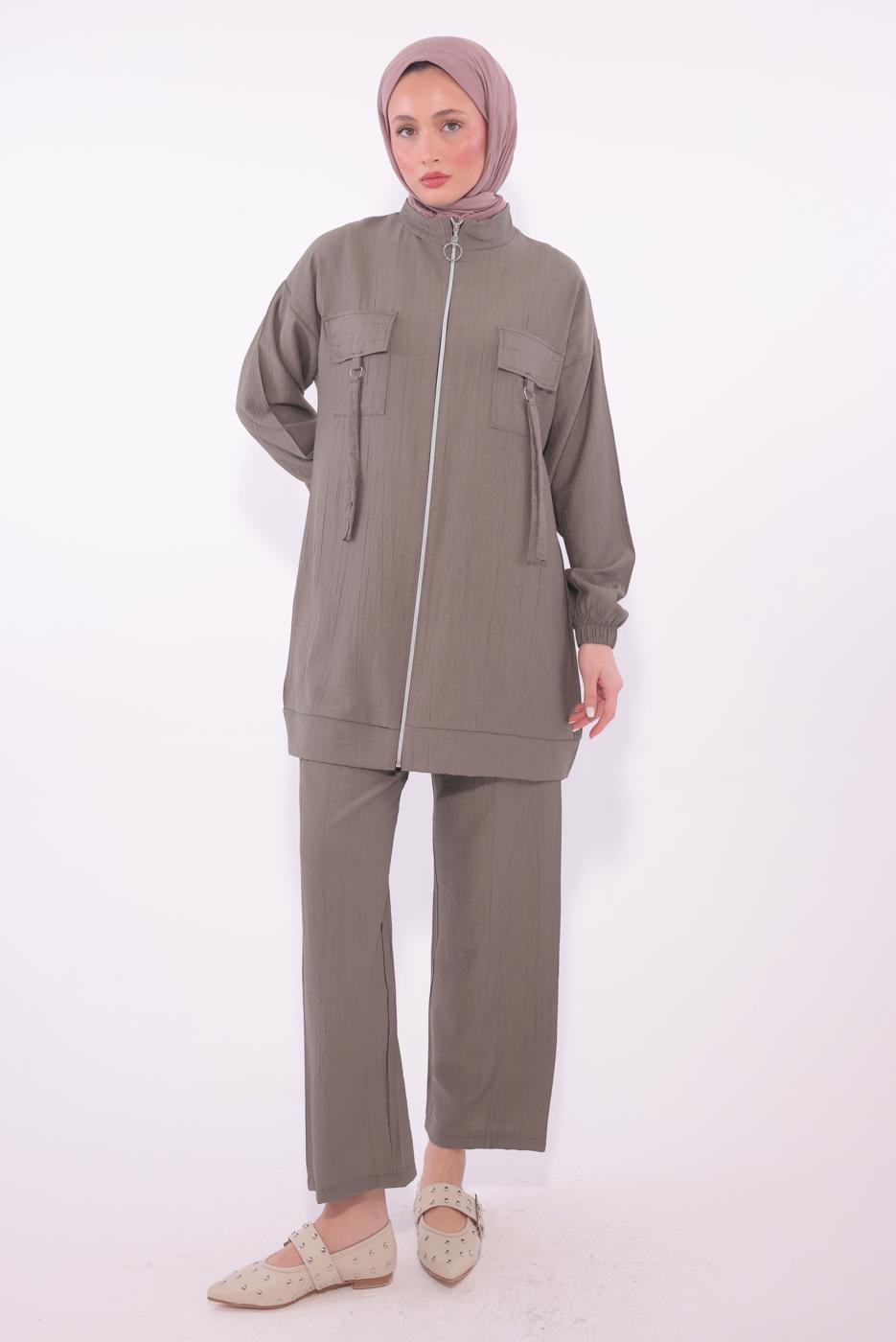 Tesettür giyim VİZON FERMUARLI PANTOLONLU TAKIM T 2374