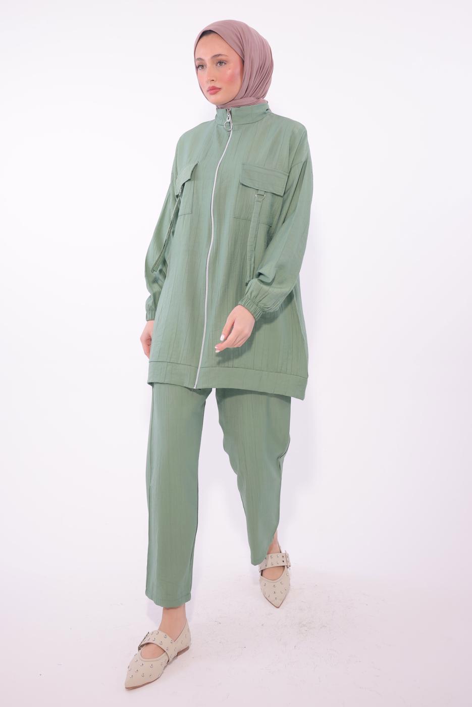 Tesettür giyim YEŞİL FERMUARLI PANTOLONLU TAKIM T 2374