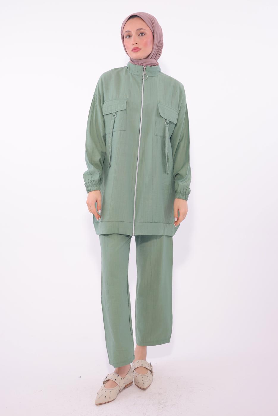 Tesettür giyim YEŞİL FERMUARLI PANTOLONLU TAKIM T 2374