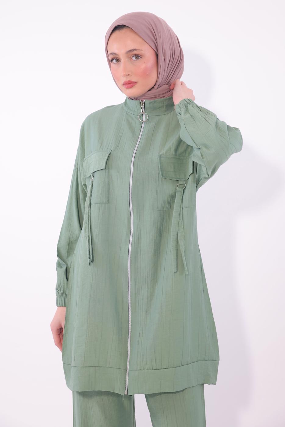 Tesettür giyim YEŞİL FERMUARLI PANTOLONLU TAKIM T 2374