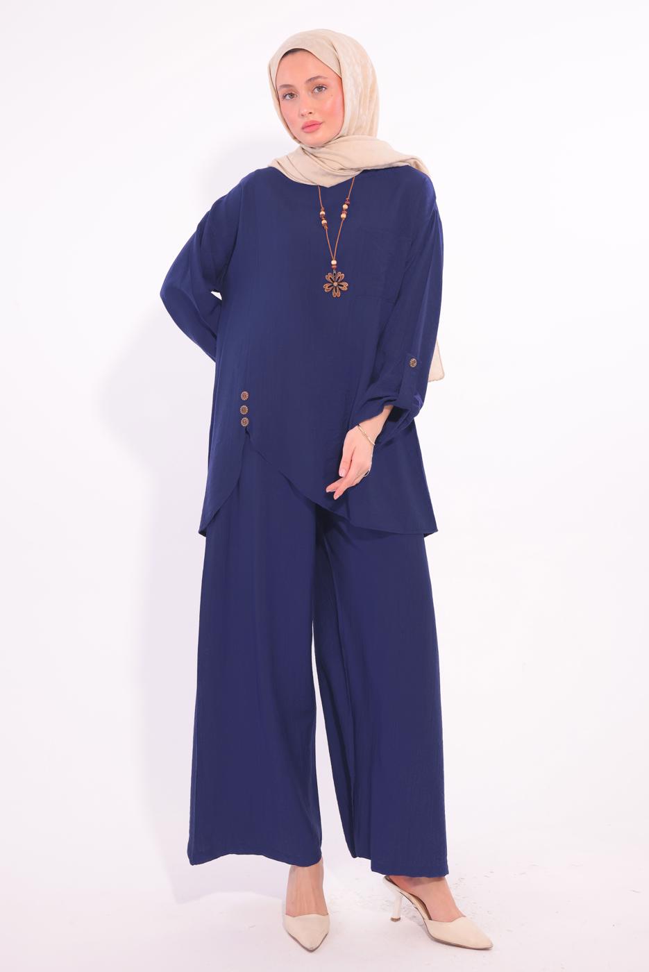 Tesettür giyim LACİVERT ASİMETRİK KESİM PANTOLONLU TAKIM T 2874
