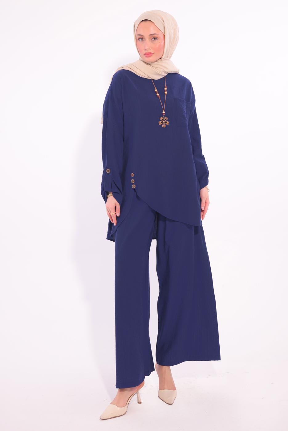 Tesettür giyim LACİVERT ASİMETRİK KESİM PANTOLONLU TAKIM T 2874