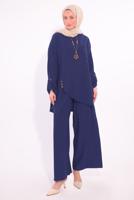 Tesettür giyim LACİVERT ASİMETRİK KESİM PANTOLONLU TAKIM T 2874
