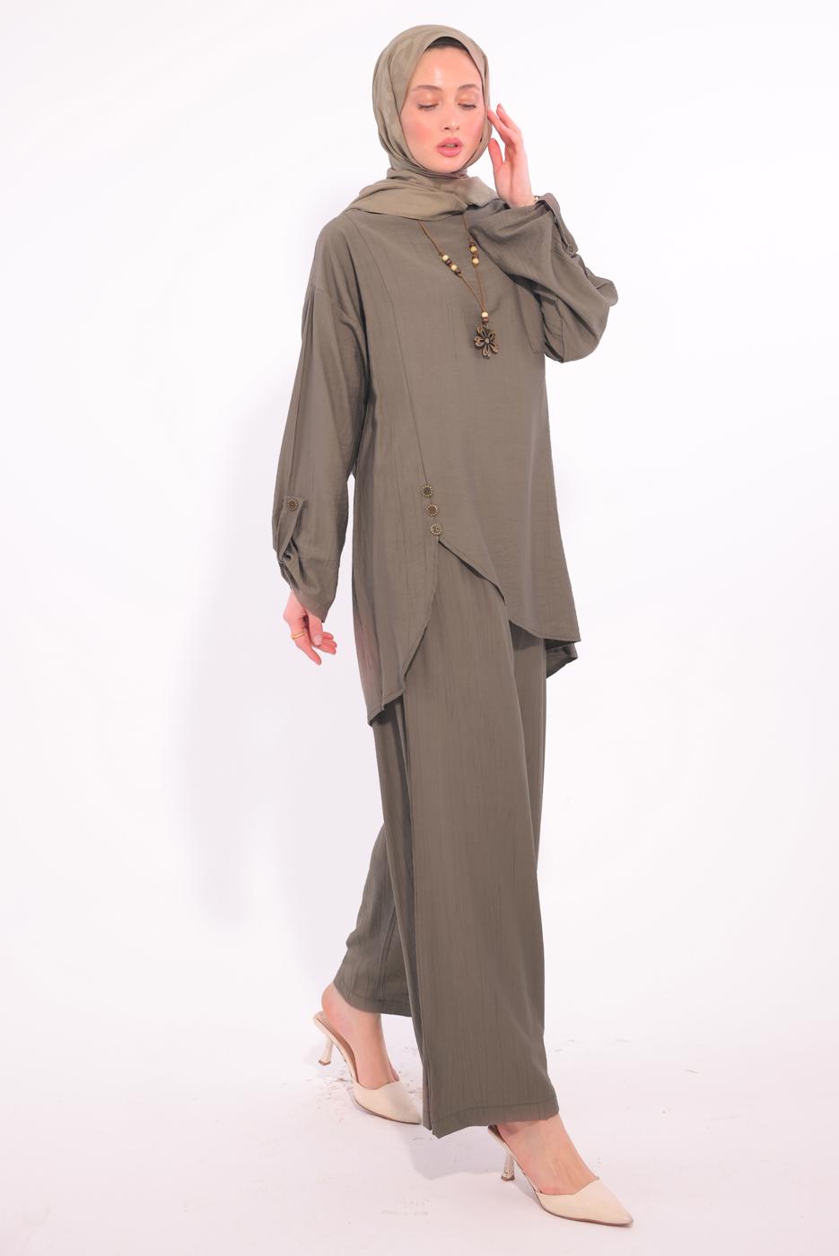 Tesettür giyim VİZON ASİMETRİK KESİM PANTOLONLU TAKIM T 2874