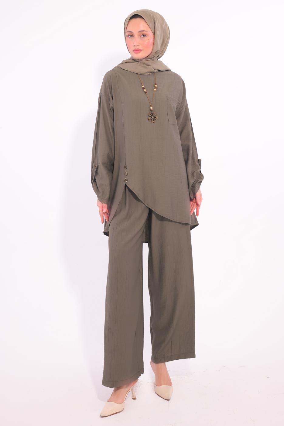 Tesettür giyim VİZON ASİMETRİK KESİM PANTOLONLU TAKIM T 2874
