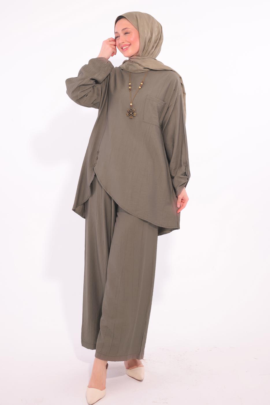 Tesettür giyim VİZON ASİMETRİK KESİM PANTOLONLU TAKIM T 2874