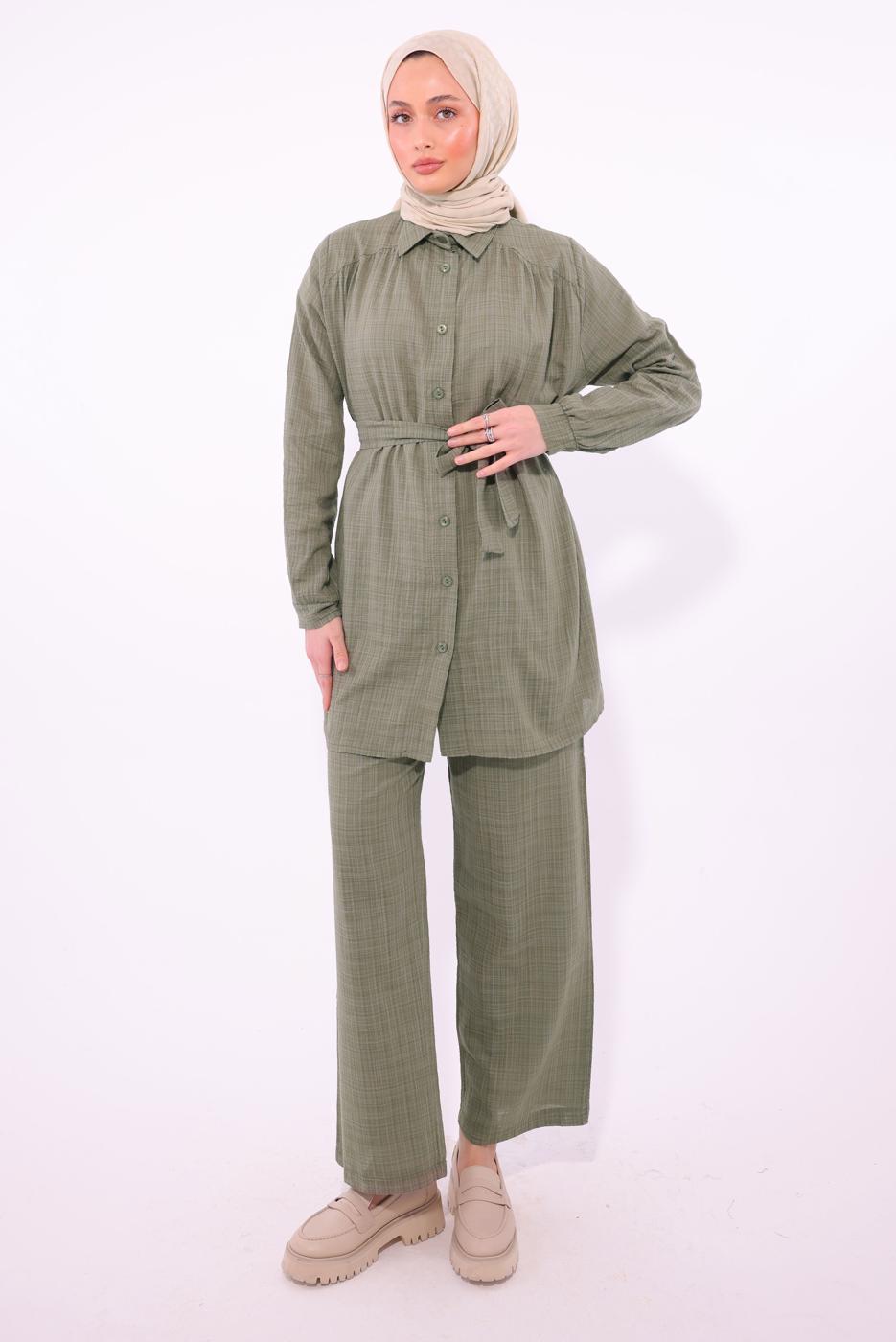 Tesettür giyim HAKİ KUŞAKLI PANTOLONLU TAKIM T 2974