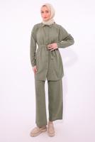 Tesettür giyim HAKİ KUŞAKLI PANTOLONLU TAKIM T 2974