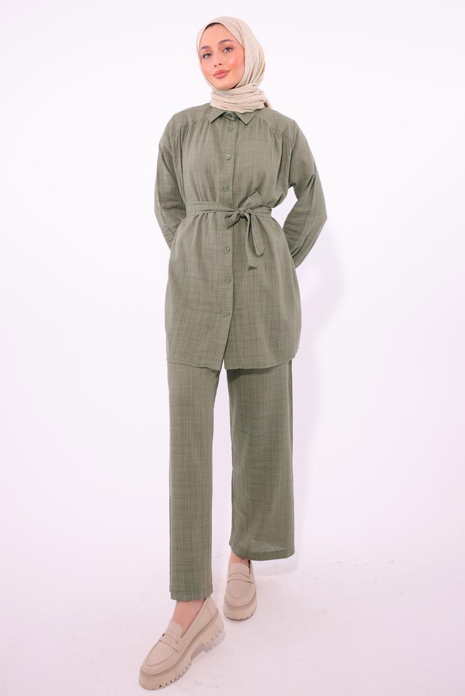 Tesettür giyim HAKİ KUŞAKLI PANTOLONLU TAKIM T 2974