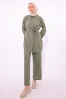 Tesettür giyim HAKİ KUŞAKLI PANTOLONLU TAKIM T 2974
