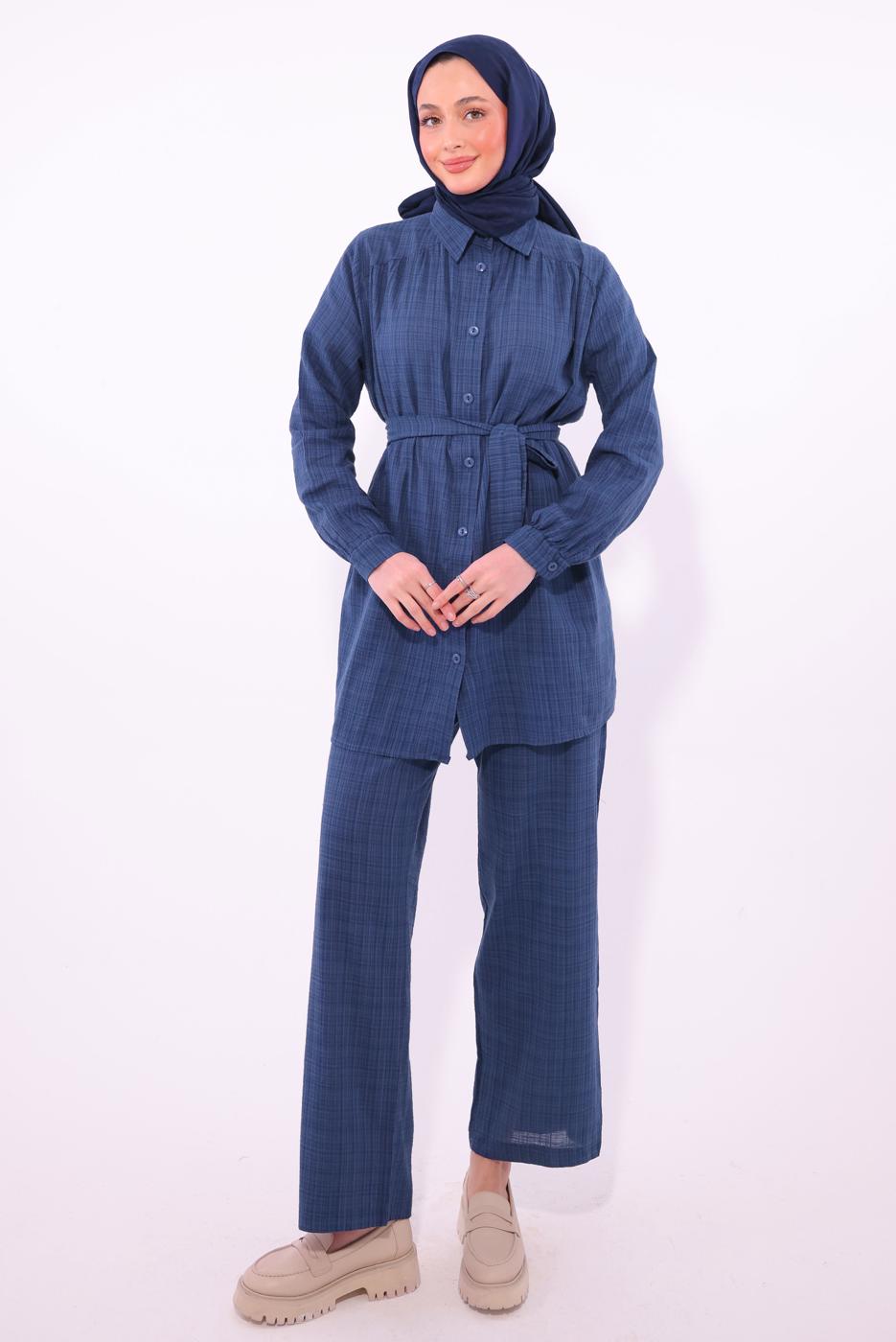 Tesettür giyim LACİVERT KUŞAKLI PANTOLONLU TAKIM T 2974