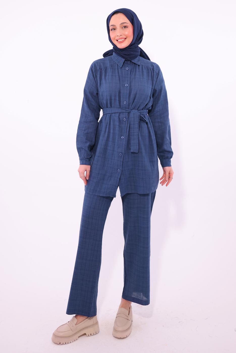 Tesettür giyim LACİVERT KUŞAKLI PANTOLONLU TAKIM T 2974