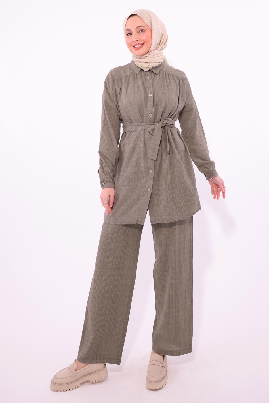 Tesettür giyim VİZON KUŞAKLI PANTOLONLU TAKIM T 2974