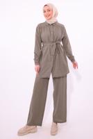 Tesettür giyim VİZON KUŞAKLI PANTOLONLU TAKIM T 2974
