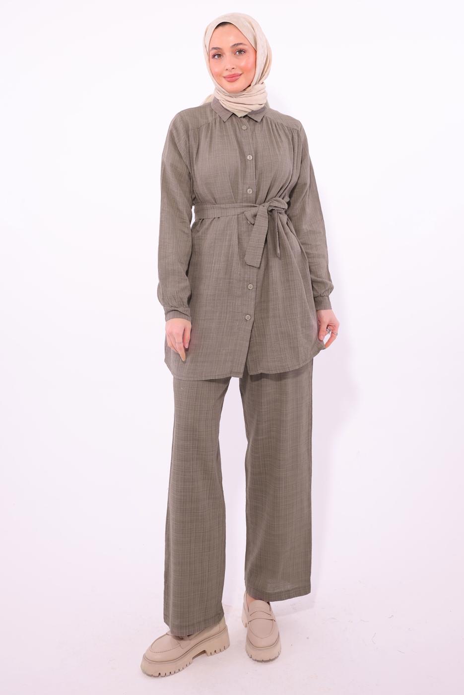 Tesettür giyim VİZON KUŞAKLI PANTOLONLU TAKIM T 2974