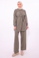 Tesettür giyim VİZON KUŞAKLI PANTOLONLU TAKIM T 2974
