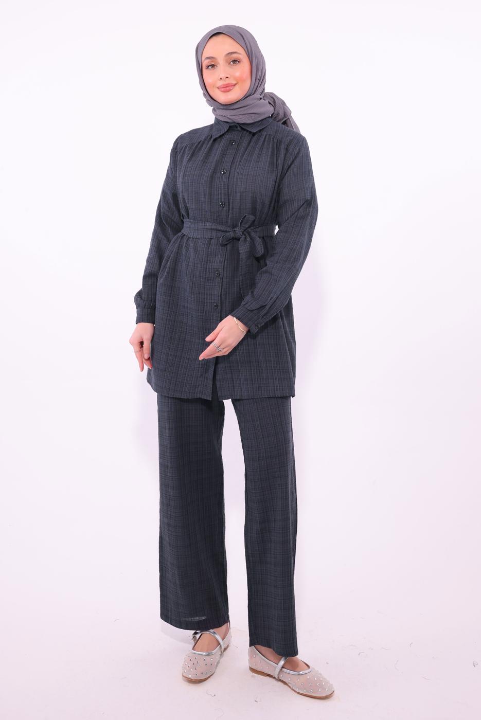 Tesettür giyim GRİ KUŞAKLI PANTOLONLU TAKIM T 2974