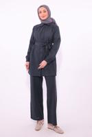 Tesettür giyim GRİ KUŞAKLI PANTOLONLU TAKIM T 2974