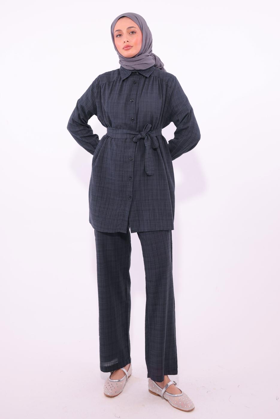 Tesettür giyim GRİ KUŞAKLI PANTOLONLU TAKIM T 2974