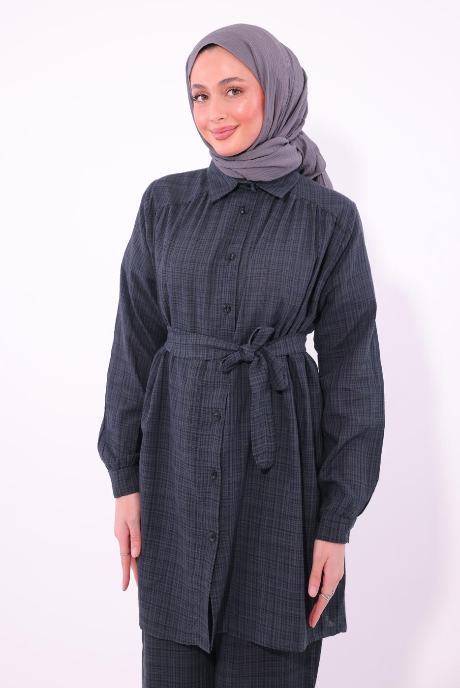 Tesettür giyim GRİ KUŞAKLI PANTOLONLU TAKIM T 2974