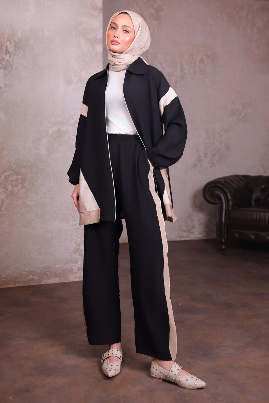 Tesettür giyim SİYAH ŞERİT DETAYLI PANTOLONLU TAKIM T 2984