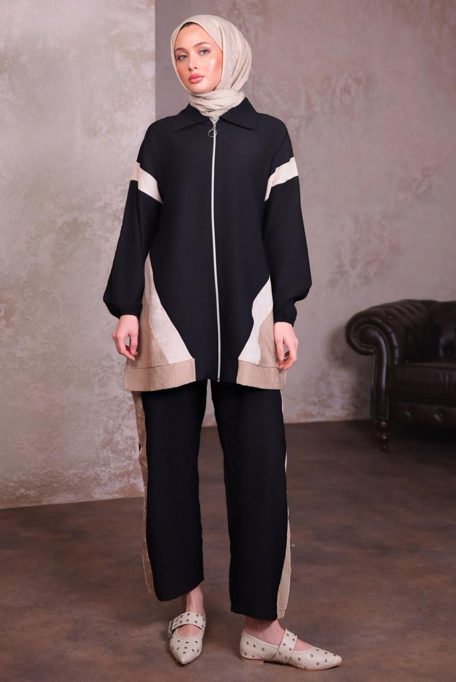 Tesettür giyim SİYAH ŞERİT DETAYLI PANTOLONLU TAKIM T 2984